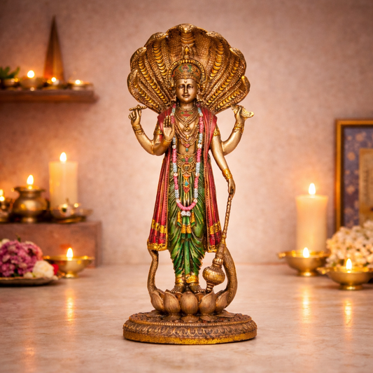 Side angle of antique copper Lord Vishnu murti showing detailing