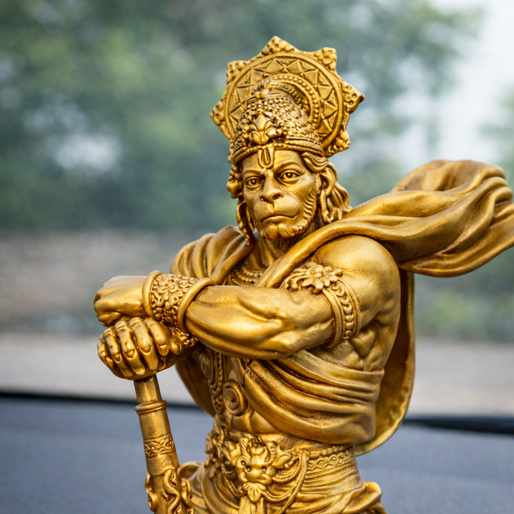 Bahubali Hanuman idol mounted on a car dashboard