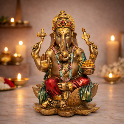 Side angle of 7 inch antique Ganesha murti showing carved detail