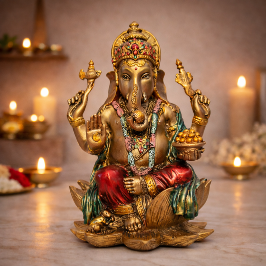 Side angle of 7 inch antique Ganesha murti showing carved detail