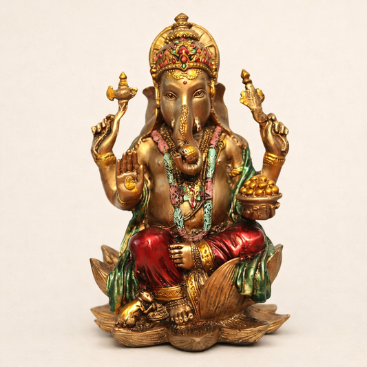 Antique Ganesha murti, 7 inch, antique finish, front view for home mandir