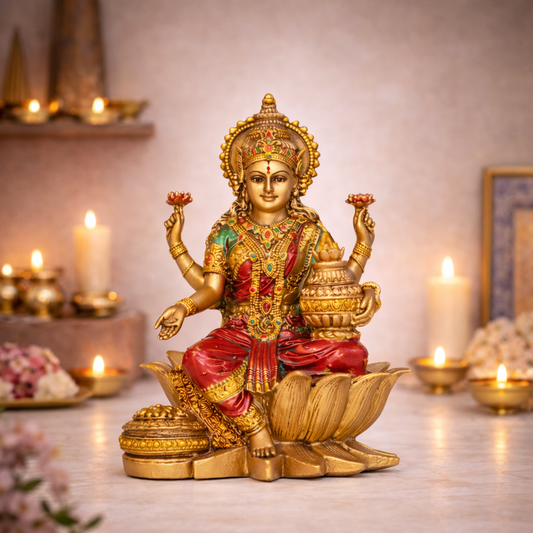 Side angle of antique Lakshmi sitting murti showing finish detail