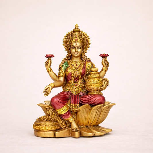 Antique Lakshmi sitting murti, antique finish, front view for home mandir