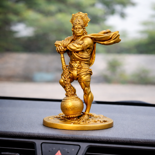Side angle of Bahubali Hanuman idol showing antique detailing