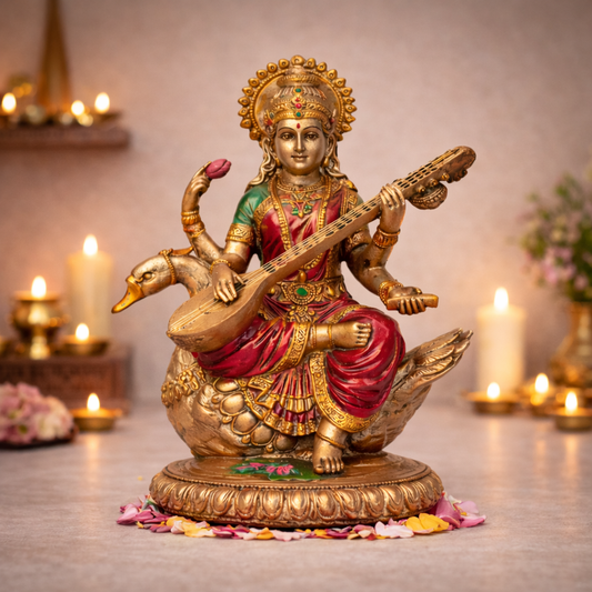 Side angle of Goddess Saraswati idol showing antique finish detail