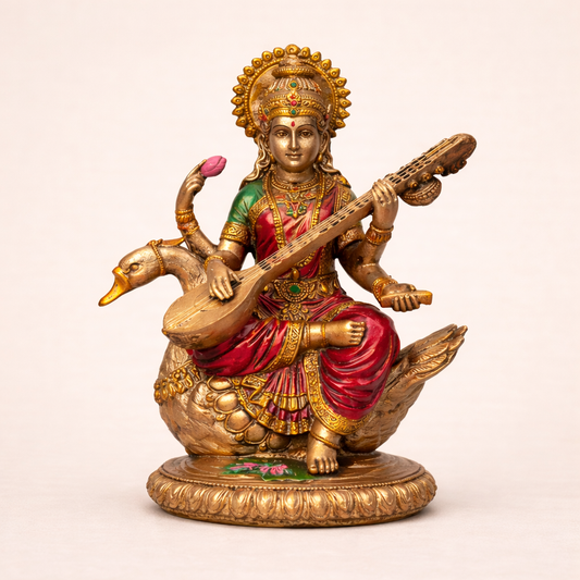 Goddess Saraswati idol, antique copper finish, front view for home mandir