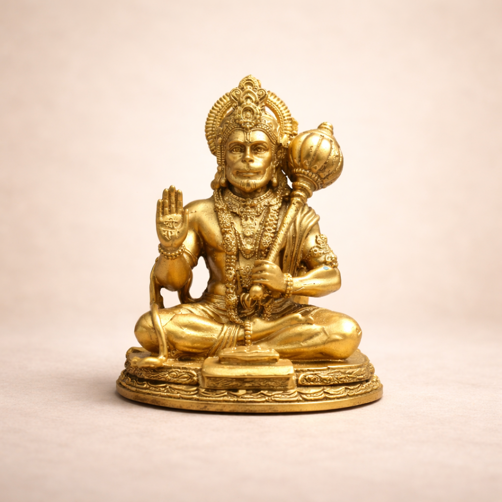 Lord Hanuman Ji car dashboard idol, antique gold finish, front view