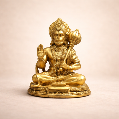 Lord Hanuman Ji car dashboard idol, antique gold finish, front view