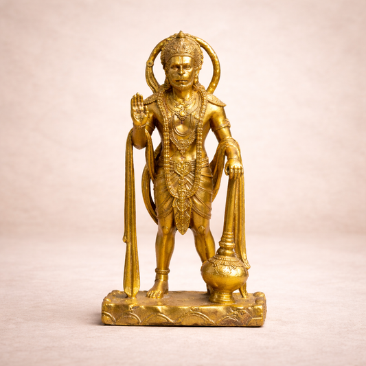King of Sarangpur Hanuman Ji car dashboard idol, antique gold finish, front view