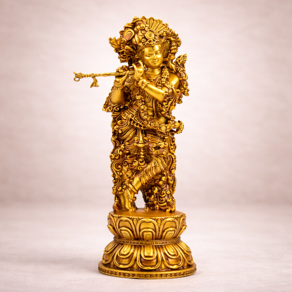 Shree Krishna car dashboard idol, antique finish, front view